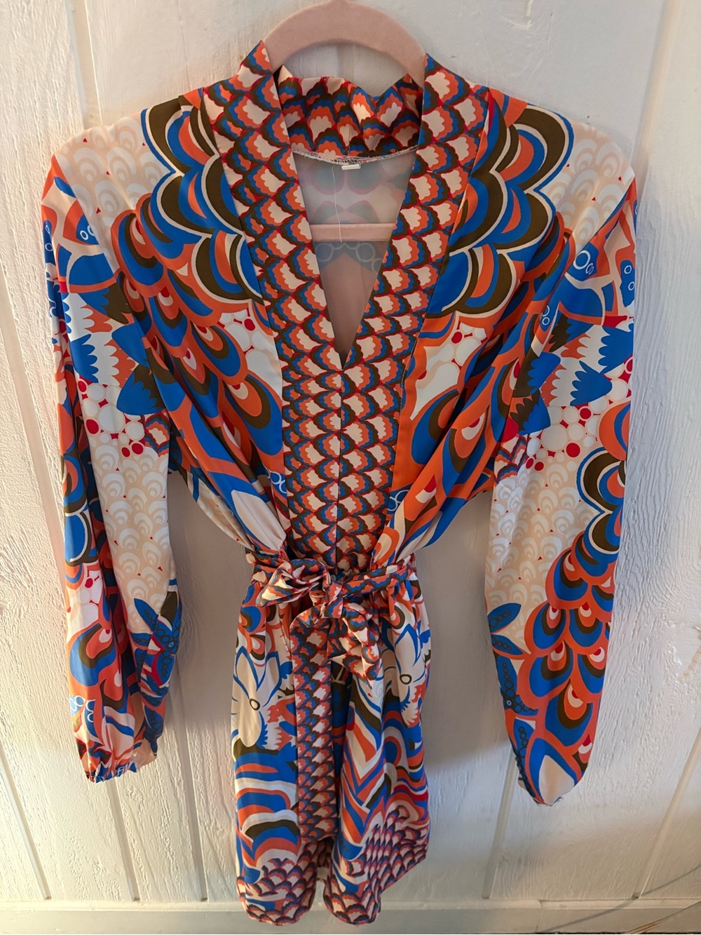 Colorful Printed Long-Sleeve Wrap Dress in Orange, Blue & White